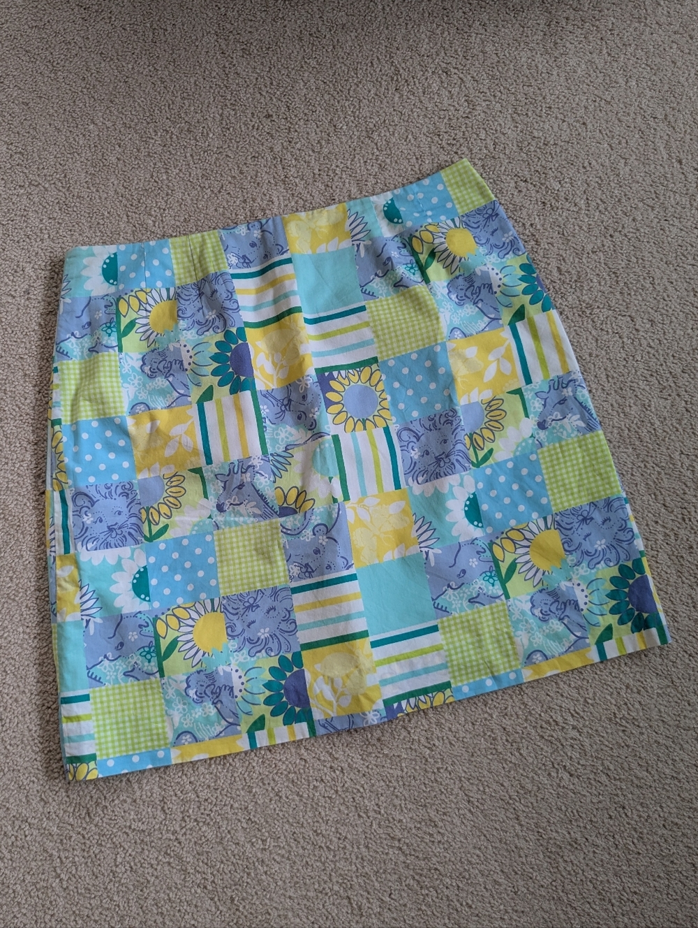 Vintage Lilly Pulitzer Patchwork Sunflower Mini Skirt - Yellow & Blue & Green